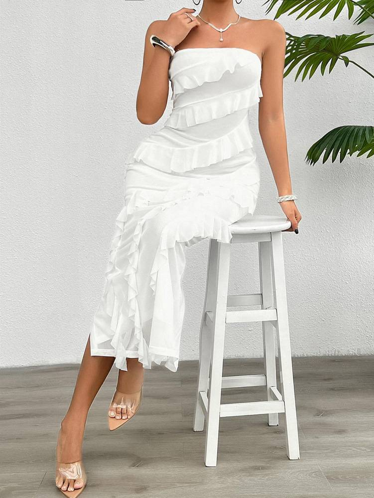 Women's Elegant Sleeveless Halter Neck Dress - Solid Color Multi-Layer Ruffle Summer/Autumn Dress (Fashionable & Stylish)_voghion.com