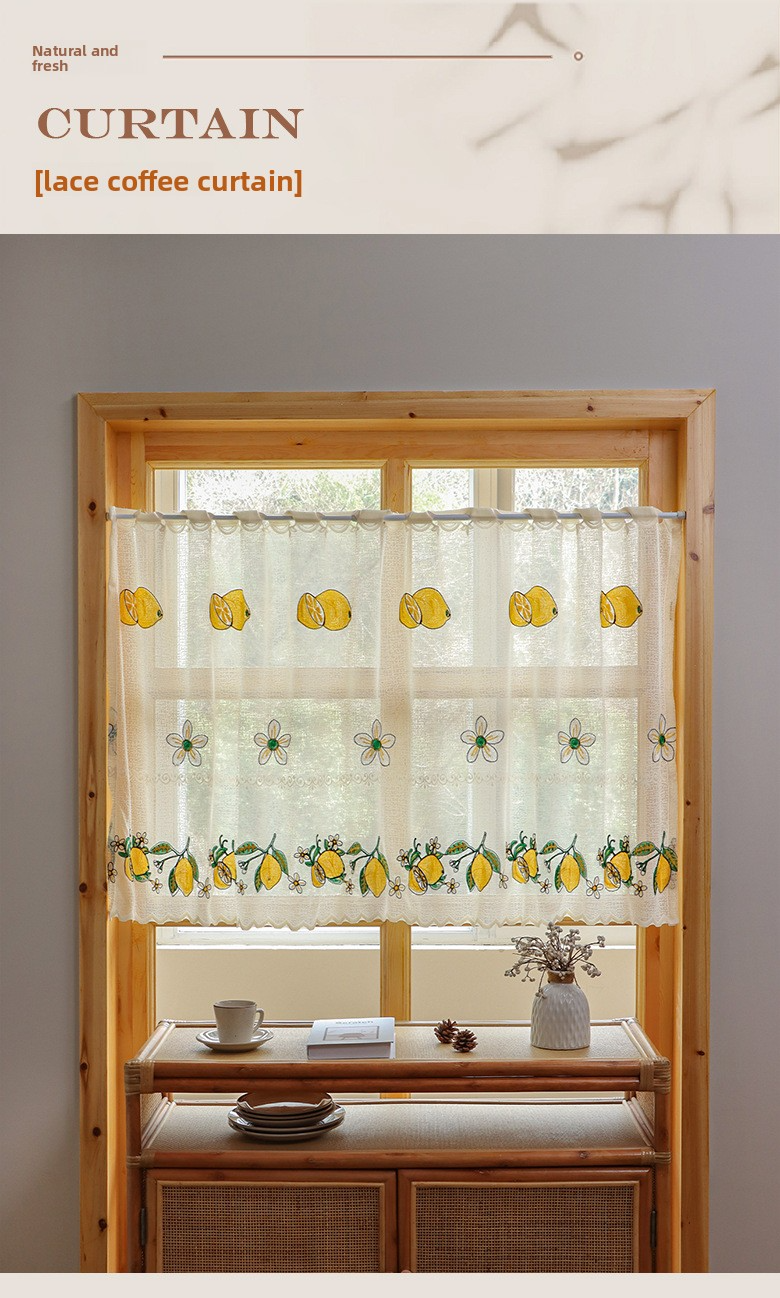 Lemon & Strawberry Embroidery Sheer Curtains - No Drill Cafe Curtains, 100% Polyester, Light Filtering & Dustproof Tier Curtains_voghion.com