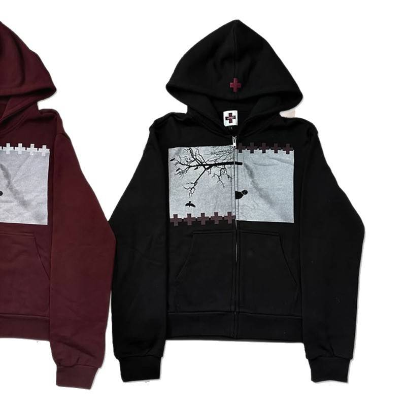 Herrenbekleidung Retro-Kapuzenpullover mit Reißverschluss, Unisex, Streetwear-Modepullover mit geometrischem Aufdruck, lockere Passform, bequem und stilvoll (Schwarz/Burgund)_voghion.com