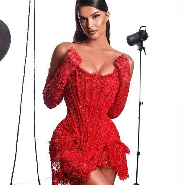 Elegante completo di guanti in pizzo nero e rosso con corsetto per abito da sera da donna - Sexy abito da sera corto senza maniche per serate fuori, club, appuntamenti_voghion.com