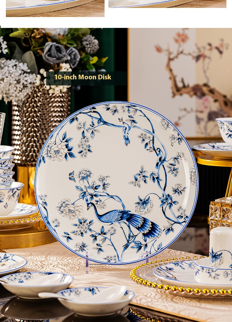 Service de table en porcelaine Blue Peacock – Vaisselle chinoise peinte à la main, 56 pièces, compatible micro-ondes et lave-vaisselle, cadeau élégant_voghion.com