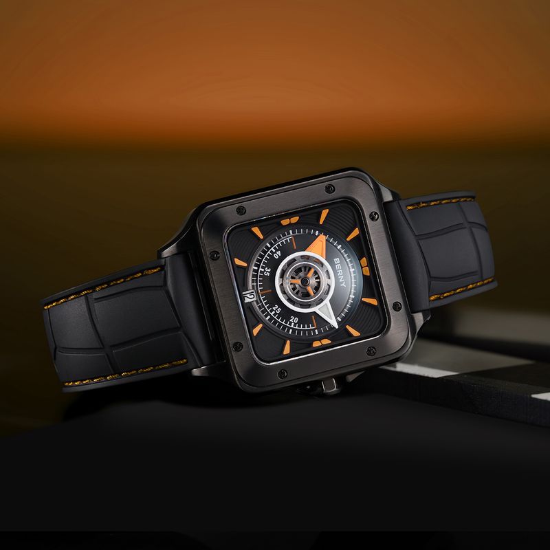 BERNY Automatic Watches For Men Fashion 10ATM Waterpoof Fluororubber Strap Mechanical Square Watch With Date Super Luminous Sapphire Wrist Watch_voghion.com