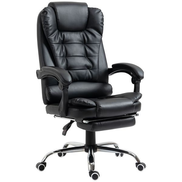 HOMCOM High Back Ergonomic Executive Office Chair, PU Leather Computer Chair With Retractable Footrest, Lumbar Support, Padded Headrest And Armrest,_voghion.com