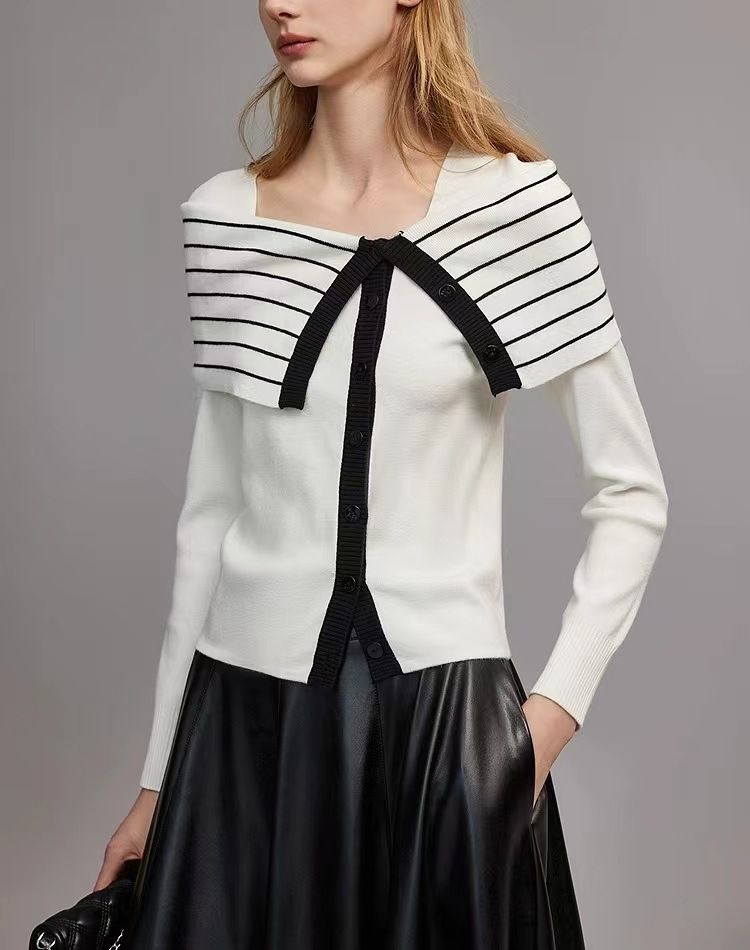 Women's Clothing Black And White Striped Two Piece Slim Wool Sweater New Design Temperament Sweater_voghion.com