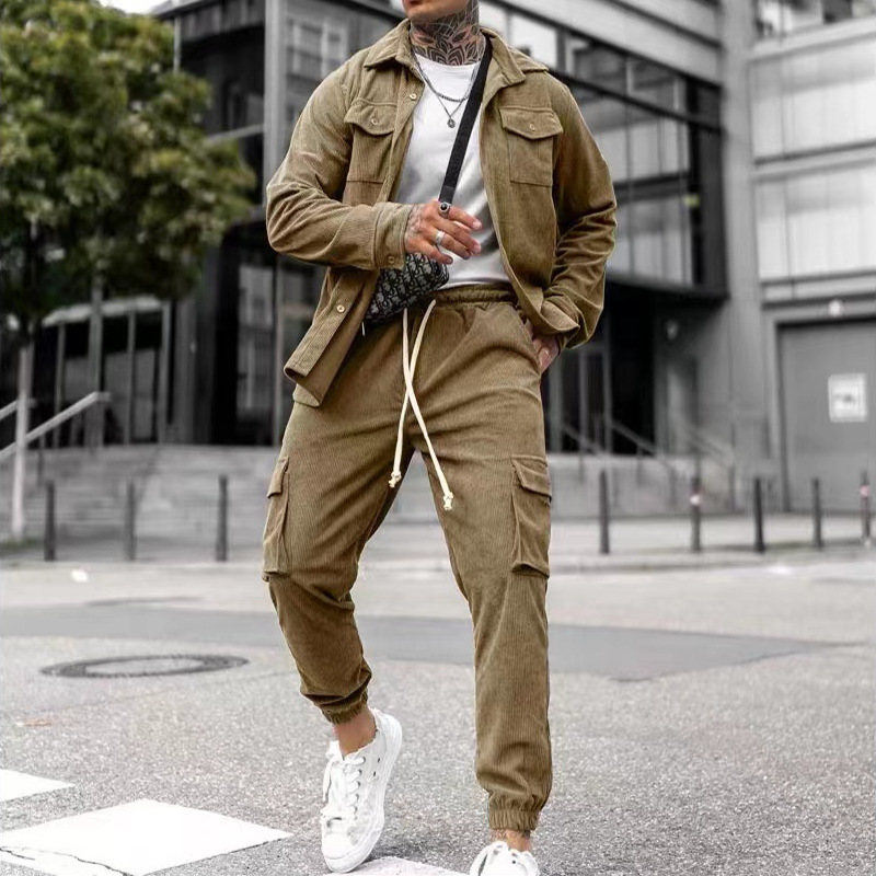 Sportanzug, modische Arbeitskleidung, Freizeithose, trendige einfarbige Jacke, Slim-Fit-Herrenbekleidung, komplettes Set_voghion.com