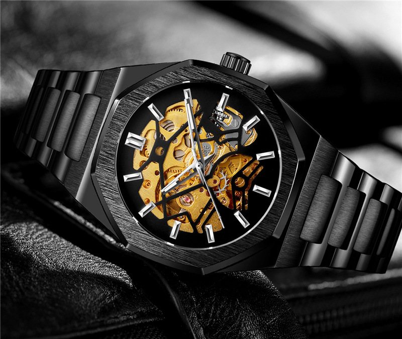 Vollautomatische mechanische Herrenuhr mit Schwungrad, skelettiertem Zifferblatt und polygonaler Business-Armbanduhr_voghion.com