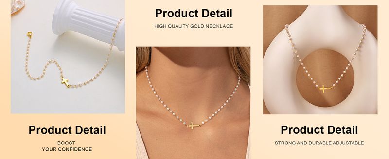 Colar de Pérolas com Cruz para Mulheres, Colar Eterno de Pérolas Douradas com Pingente de Cruz, Colar Delicado de Pérolas e Cruz, Joia Cristã para Presente_voghion.com
