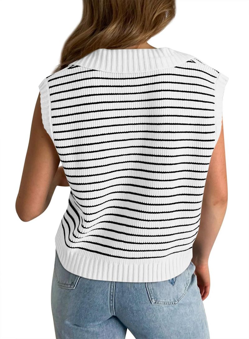 Maglia a righe con scollo a V da donna - Maglione pullover a maniche corte in stile francese, vestibilità ampia - T-shirt casual leggera in misto rayon_voghion.com