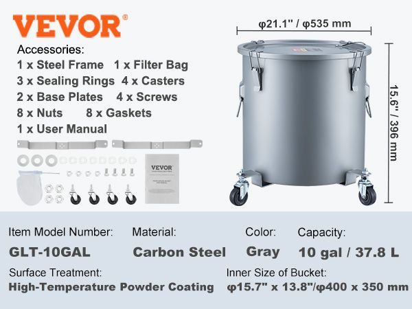 VEVOR Fryer Grease Bucket, 10 Gal Oil Disposal Caddy With Caster Base, Carbon Steel Rust-Proof Coating, Oil Transport Container With Lid, Lock Clips, Filter Bag For Hot Cooking Oil Filtering, Gray_voghion.com