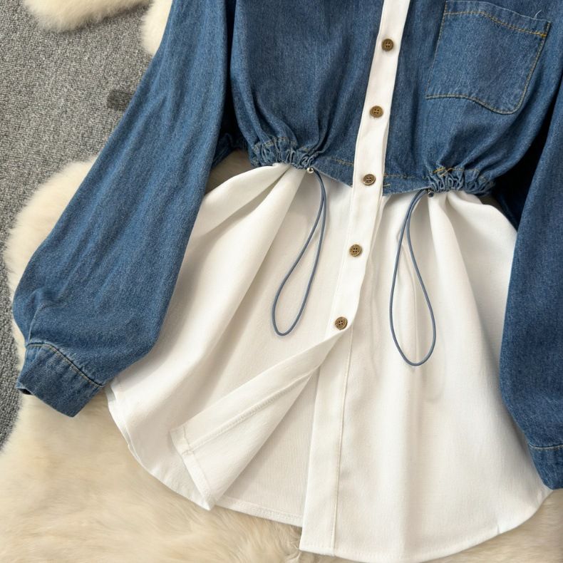 Naisten kaksiosainen pitkähihainen denim-splicing käänne vyötärönauha paita naisten rennot ulkomaiset topit_voghion.com