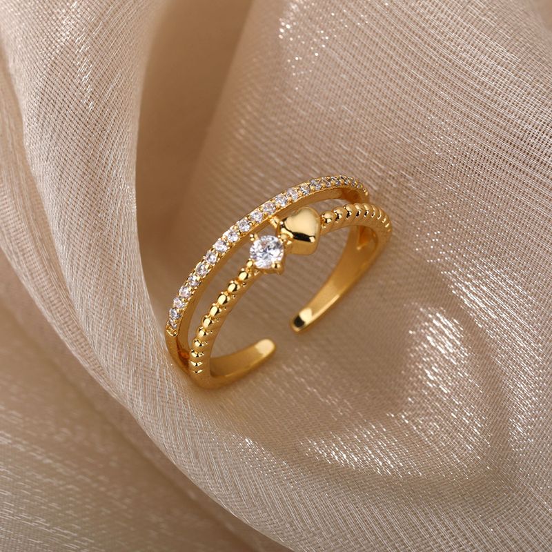 Pronto Stock Moda Zircone Cuore Anelli per le donne in acciaio inossidabile Colore oro Aperto Regolabile Doppio Anello impilabile Sposa Matrimonio_voghion.com