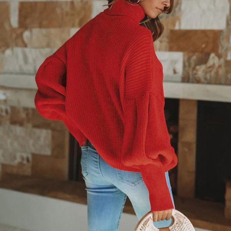 Ropa de mujer Suéter de punto de manga larga con cuello alto y color liso para mujer Ropa de mujer_voghion.com