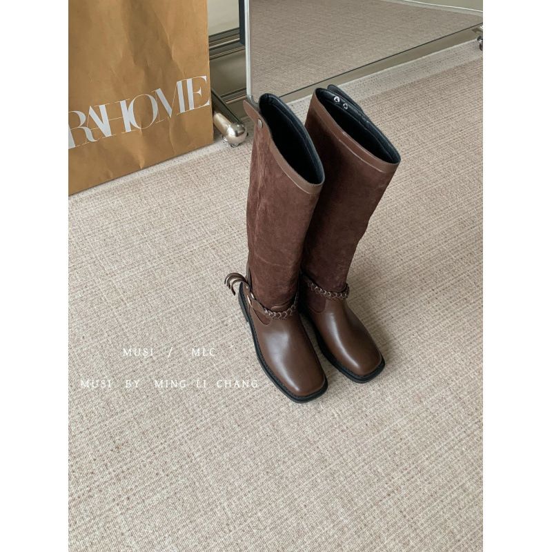 Stivali da equitazione sopra il ginocchio da donna in vera pelle con punta quadrata e tacco spesso, stile francese, autunno inverno 2025_voghion.com