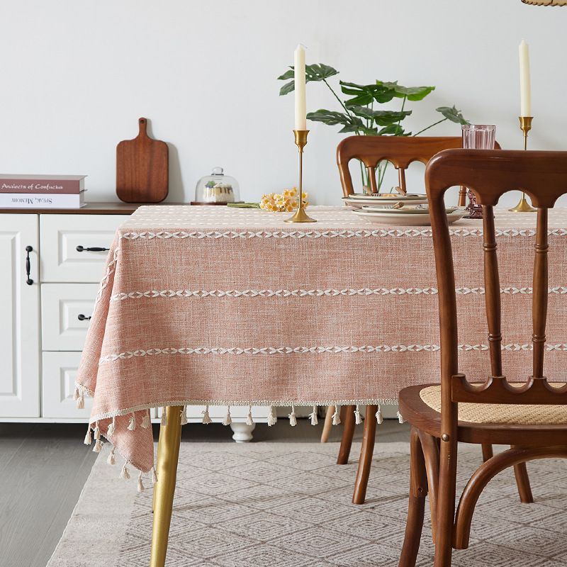 Nappe à pompons rustique marron - Housse de table rectangulaire en lin et coton mélangés de style ferme pour salle à manger/table basse_voghion.com