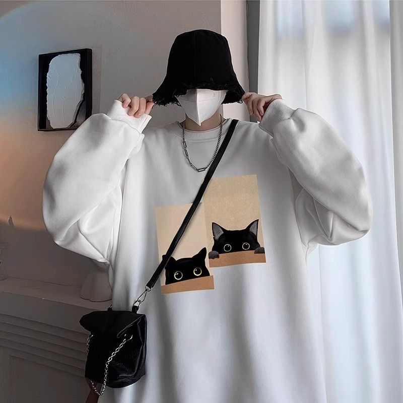 Felpa girocollo senza cappuccio con stampa di gatto pigro chic per uomo, giacca in pile alla moda per giovani, autunno inverno_voghion.com