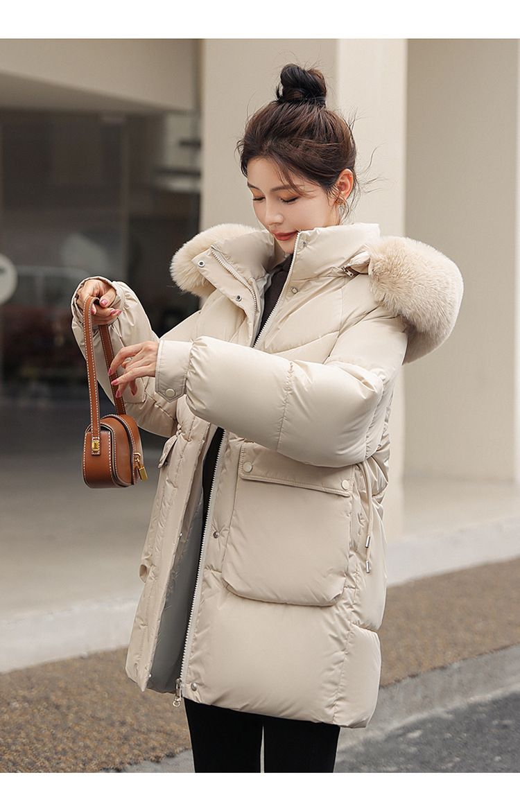 Damen-Winter-Puffermantel mit abnehmbarer Kapuze, langärmlig, mittellang, warme Jacke für lässige Outfits (Beige, Schwarz, Khaki, Rot, Orange)_voghion.com