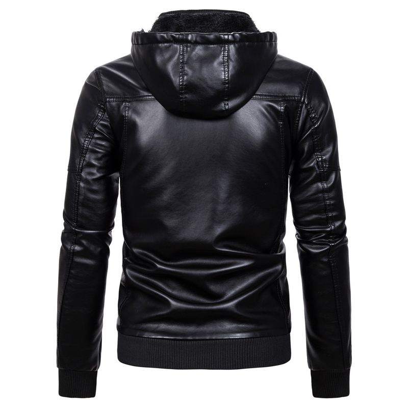 Men's Warm Winter Motorcycle With Hooded Zipper Loose PU Leather Windproof Jacket_voghion.com