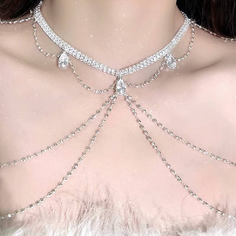 New Fashion Sparkling Diamond Water Drop Zircon Tassel Chest Chain Dinner Shoulder Chain Necklace Body Chain Water Diamond Chain Women's Accessori_voghion.com