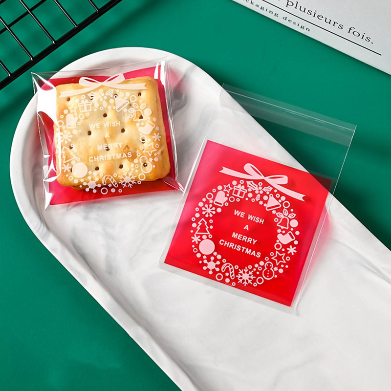 25 Stück rote Keksverpackungsbeutel mit Weihnachtskranz, Schneeflocken-Süßigkeiten-Druckverschlussbeutel, selbstklebende Backverpackungsbeutel_voghion.com