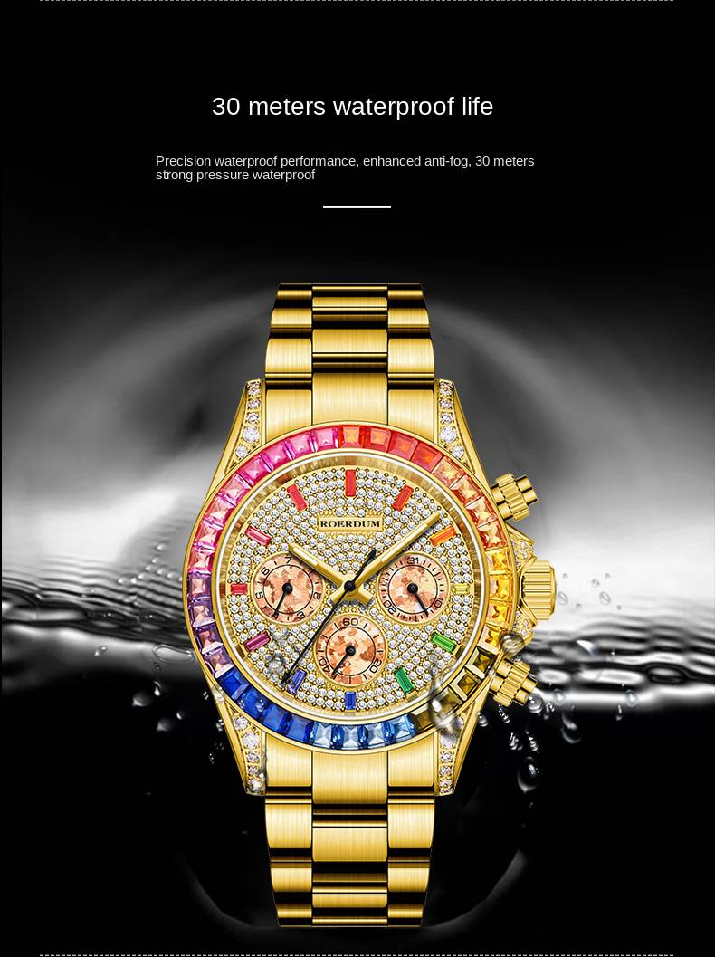 ROERDUM Daytona Rainbow Collection – Goldfarbenes Armband, mehrfarbiges Zifferblatt mit Farbverlauf, hochwertige automatische mechanische Herrenuhr_voghion.com