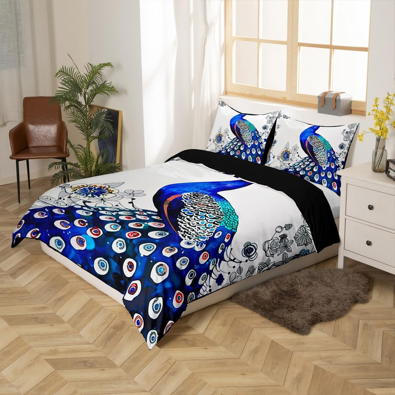 Copripiumino per lettino con motivo pavone blu, copripiumino retrò con motivo pavone, set di biancheria da letto con motivo floreale con animali estetici, set di biancheria da letto rustico con 1 federa, arredamento per camera da letto_voghion.com
