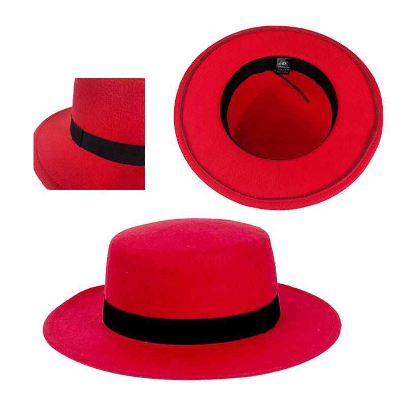 Cappello piatto in lana nera, cappello a tesa piatta, cappello a forma di feltro, cappello da cowboy in lana alla moda per autunno e inverno_voghion.com