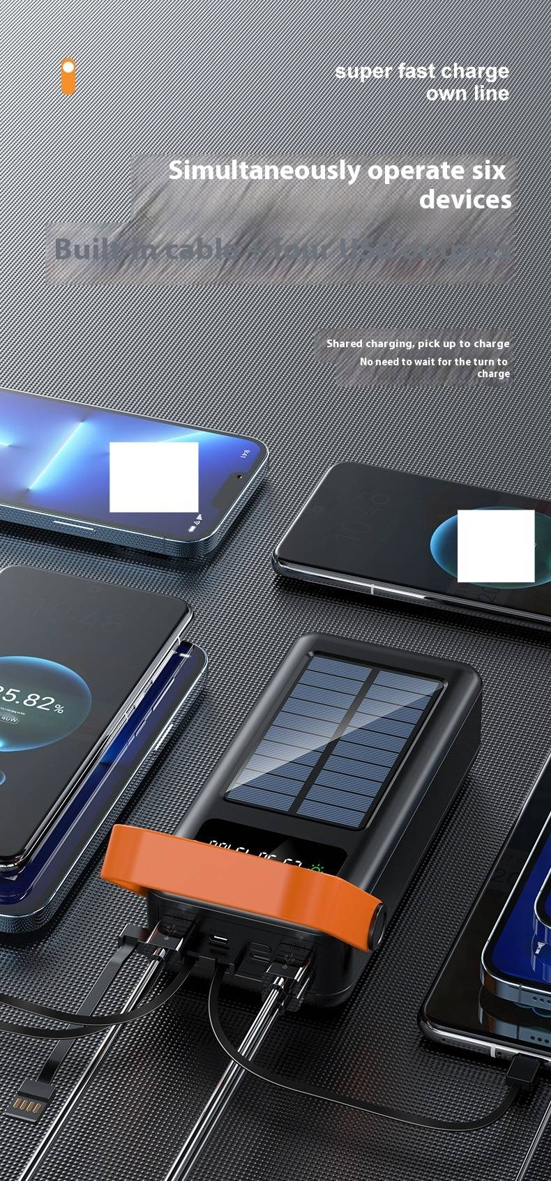 Solar Power Bank With Built-in Cables, 50000mAh High Capacity Portable Charger For Outdoor Camping, Hiking, Travel - LED Flashlight & Multi-USB Output_voghion.com