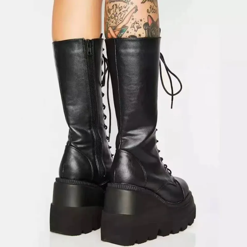 Stivali invernali da donna con plateau, stivaletti da pioggia, da combattimento, militari, corti, in pelle, neri, nuovi, rock, punk, goth, lolita, svendita_voghion.com