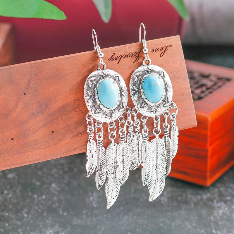 New Bohemian Ethnic Style Turquoise Accessories Ancient Silver Tassel Feather Earrings_voghion.com