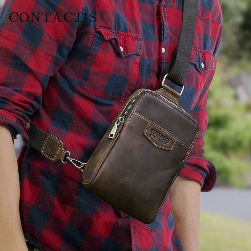 Black Cowhide Leather Fashionable Casual Crossbody Bag Travel Men's Chest Bag 2025 New_voghion.com