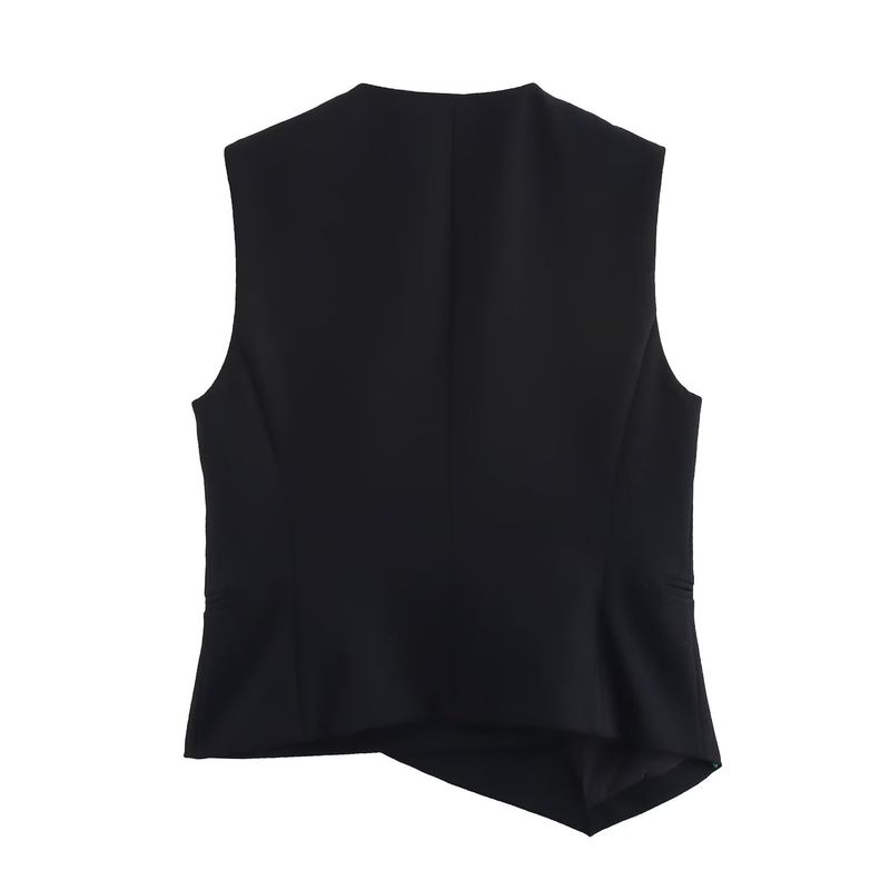 Traje de mujer de moda con chaleco asimétrico sencillo con cuello en V y pantalón ancho plisado._voghion.com