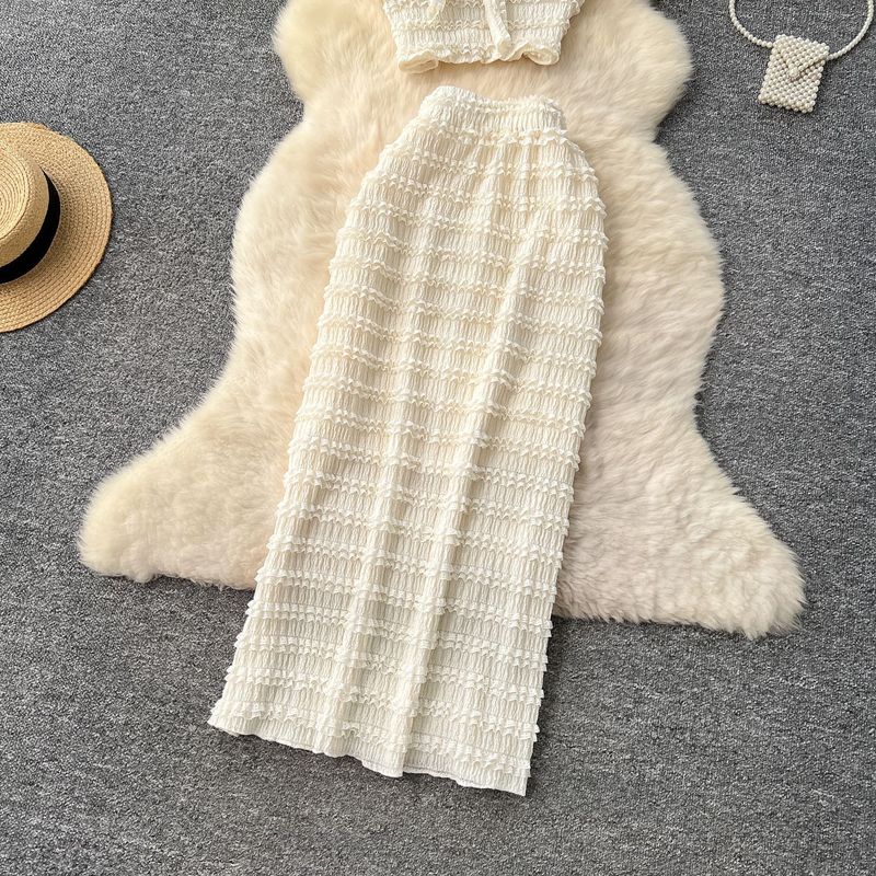 Damenbekleidung Rüschen-Design-Anzug Sommer-Riemchen-Camisole-Tube-Top Weste Hohe Taille Schlankheits-Maxirock_voghion.com