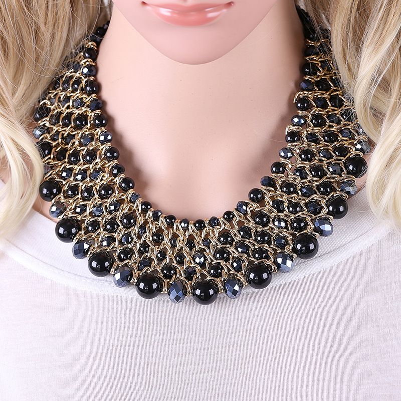 Qiman Populaire Handgemaakte Turquoise Kristal Parel Aluminium Ketting Korte Ketting NK-01561_voghion.com