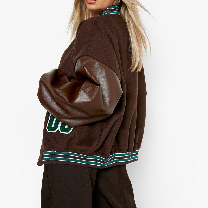Chaqueta de béisbol engrosada de lana con letras para mujer_voghion.com