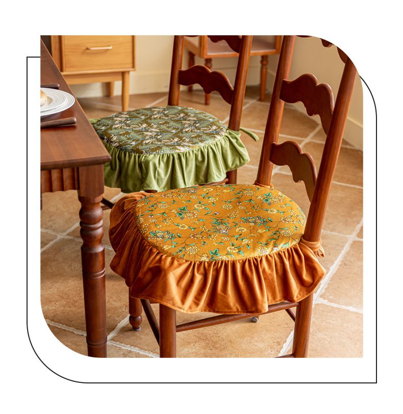 Polyester French-Style Chair Cushion – 45x45cm Washable Seat Pad With Floral Ruffles For Dining & Home Decor (Green Rabbitweed/Iris Design, Non-Slip)_voghion.com