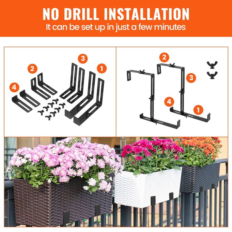 2pcs/4pcs Window Box Brackets, Adjustable Planter Box Brackets, Universal Steel Hanging Flower Box Brackets For Railings Deck Windowsill, No Drill Planter Brackets For Balcony, Fences, Patio_voghion.com