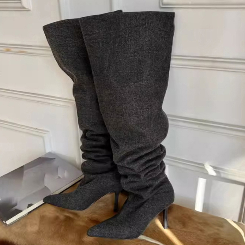 Oversized High Heeled Boots European And American Hot Girls Fashion Pointed Toe Stiletto Over The Knee Wide Pile_voghion.com