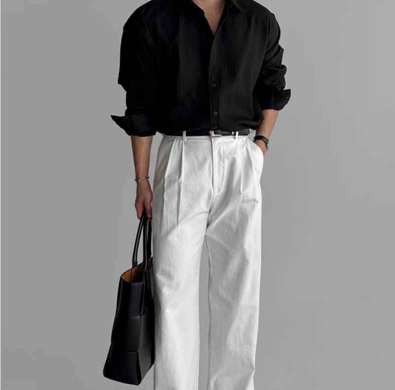 Camicia casual da uomo in stile coreano di alta qualità, a maniche lunghe, tinta unita, stile primavera-autunno, 'Texture'_voghion.com