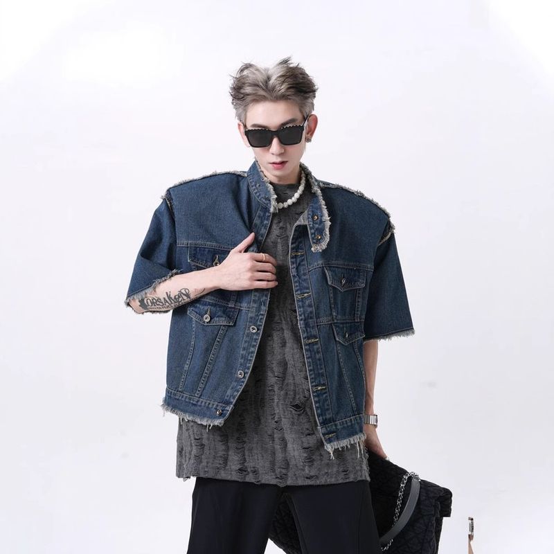 Modesch Summer Niche Design Sense Denim Weste Männer Casual Villsäiteg Vintage Trend High-End Jackett_voghion.com