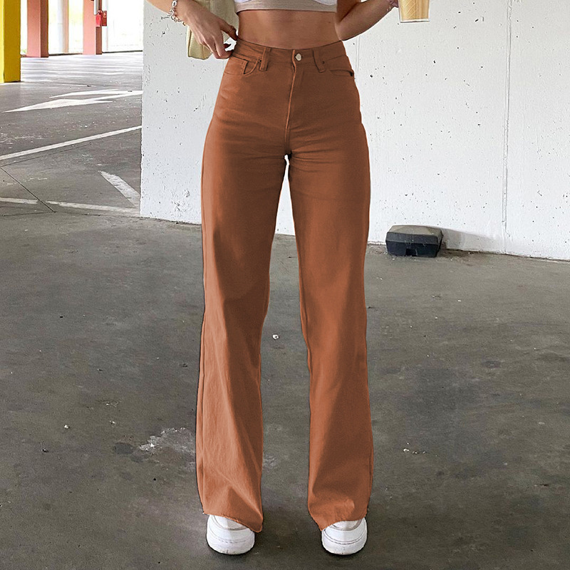 2021 Neue Stil Einfarbige Damenjeans Mit Drapierter Loose Fit Abnehmender Hoher Taille Gerade Beiläufige Lange Hosen Für Frauen_voghion.com