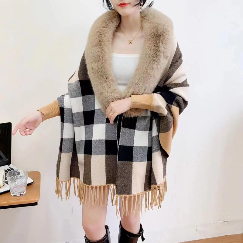 Damenbekleidung Übergroße karierte Strickjacke für Damen mit Schalkragen aus Kaninchenfellimitat – Eleganter, lässiger Wickel-Cape-Mantel in Kamel und Grau (Einheitsgröße)_voghion.com