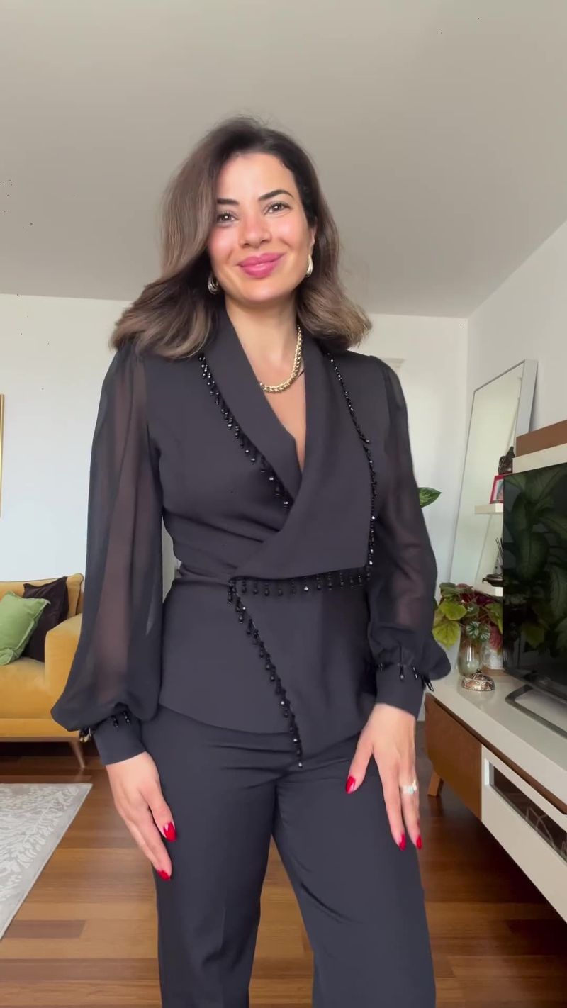 Kadınlar İçin Günlük Şifon Patchwork Küçük Blazer Düz Pantolon Takım Elbise Kadınlar İçin_voghion.com