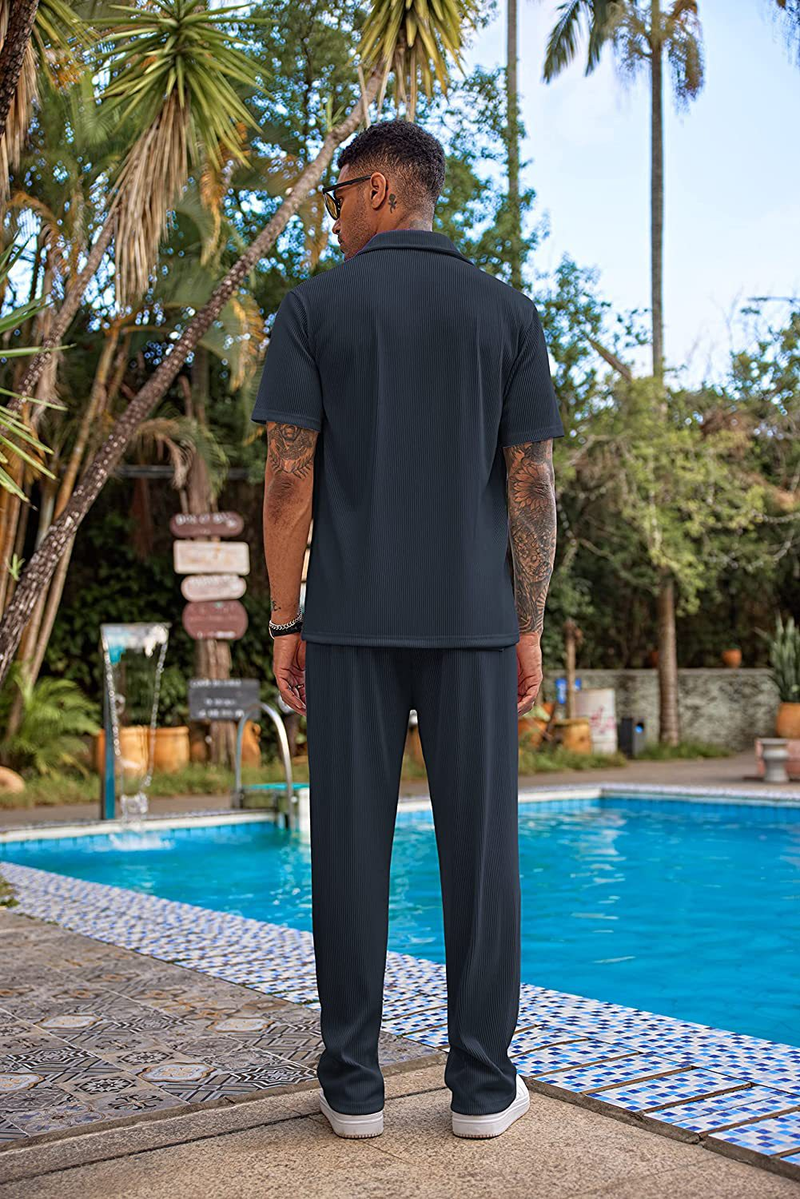 Calças compridas de manga curta de cor sólida masculina nova solta conjunto casual_voghion.com