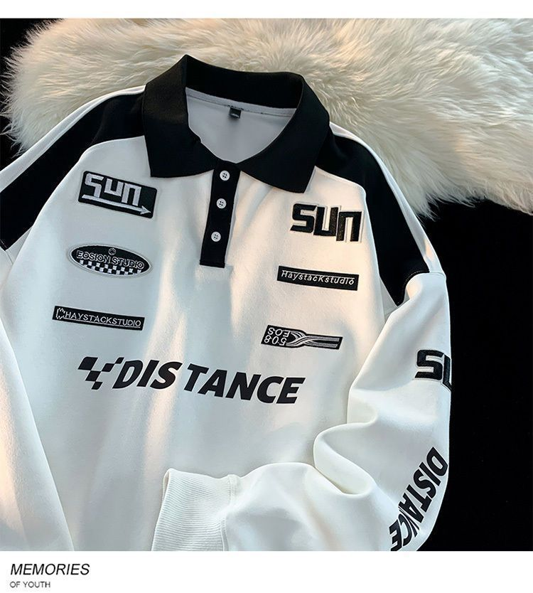 Sudadera con capucha retro americana para hombre, camisa polo de marca de moda, traje de carreras con solapa de manga larga, top de tendencia, primavera y otoño 2024_voghion.com