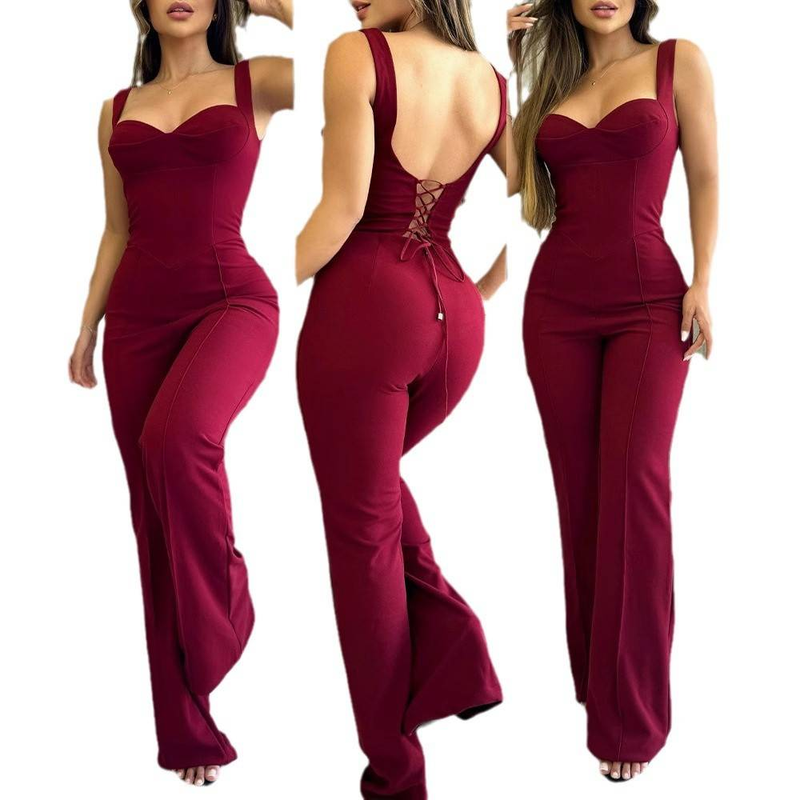 Women's Clothing Red Sexy Suspenders Back Strap Design Tight One Piece Flared Pants_voghion.com