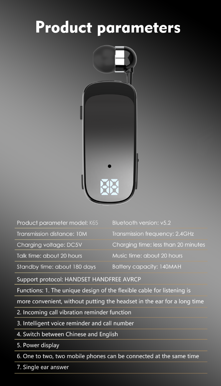 Digitale Lavalier-Bluetooth-Ohrhörer für Anrufer-ID, Vibration, einziehbares Kabel, Schnellladung, Selfie, Eins-zu-Zwei_voghion.com
