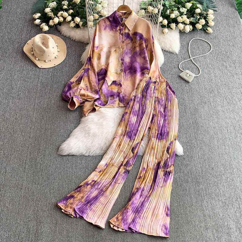 Set aus französischer Vintage-Batikbluse mit Sonnenschutz und hoch taillierter Schlaghose – Laternenärmel, Rüschensaum (Einheitsgröße, 18 Farboptionen)_voghion.com