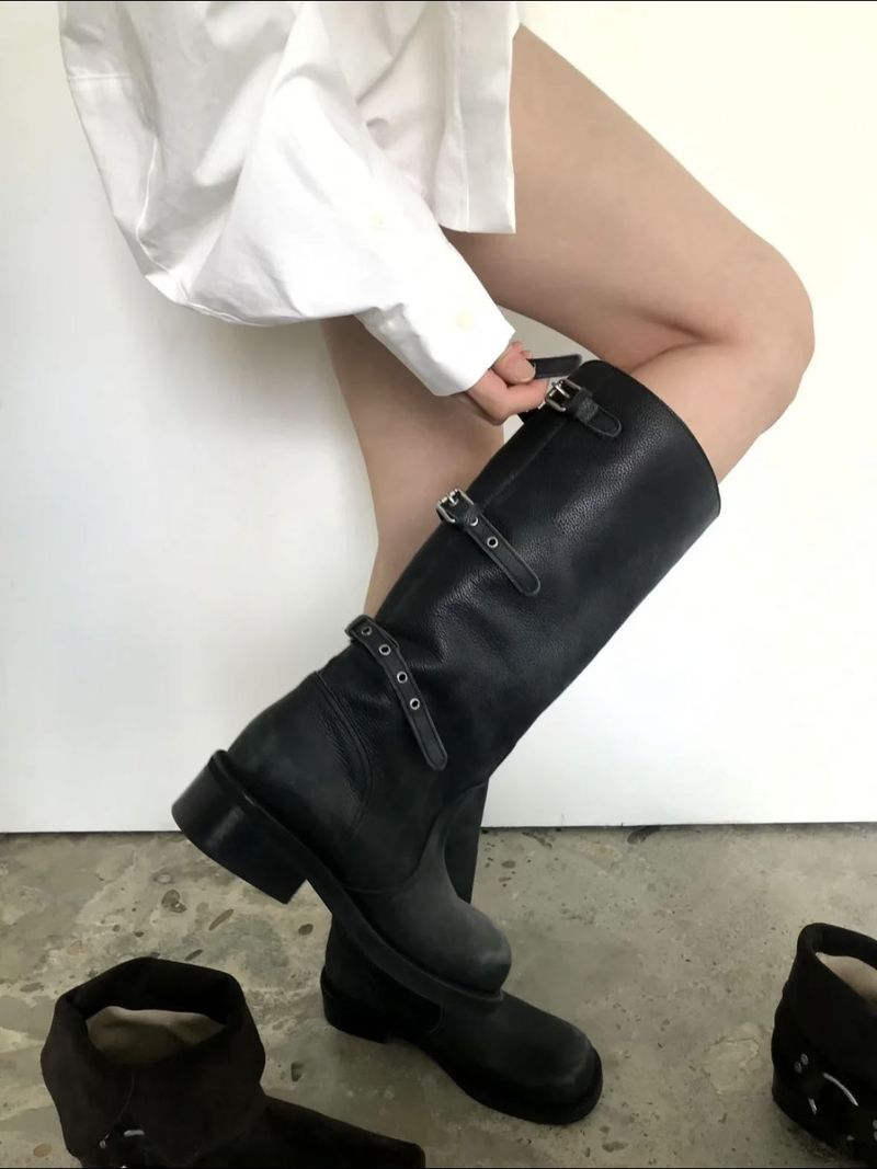 Designerskie skórzane klapki, dwustronne, składane buty, damskie, z klamrą do paska, w stylu motocyklowym, buty Martin, długość do połowy łydki, kowbojskie buty w stylu western_voghion.com