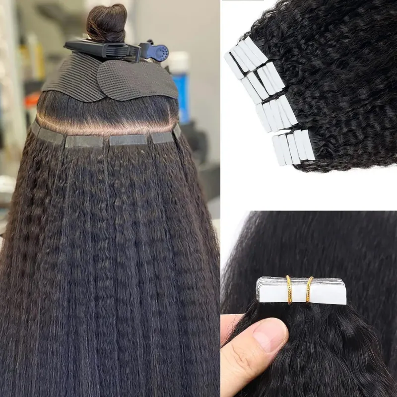 Kinky Straight Tape i Hair Extensions Naturlig sort menneskehår Hud Weft-klæbende tape_voghion.com
