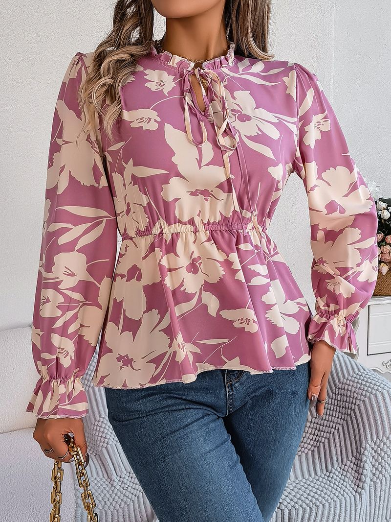 2025 herbst Winter Neue Casual Floral Lace-Up Langarm Chiffon Bluse frauen Mode_voghion.com